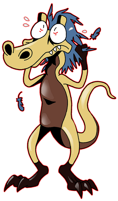 He is a Santanaraptor. Nyp have only one friend: Sbirffo. Usually he can be seeing pulling his own feathers when stressed.