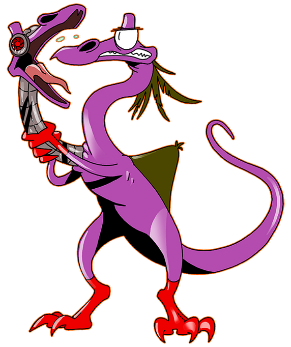 Dip and Dumpy are weird Deinocheirus. They have two heads and they even aren't machine's experiments, they born this way. Dumpy is the "main head", and without any probes. Dip however have implants on it's neck and his eye works now as a camera.