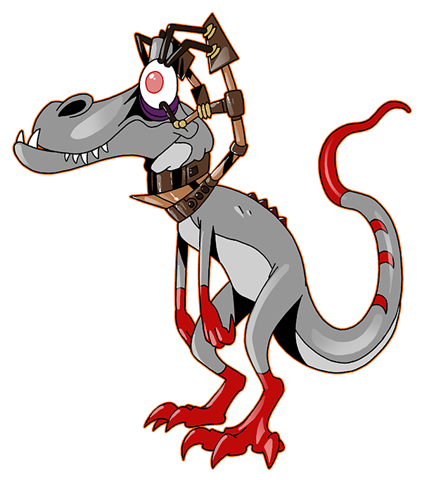 This Giganotosaurus was punished with a giant mechanical claws attatched to his eyes, just for sleeping so many times in the past during the class. His name is Allan.