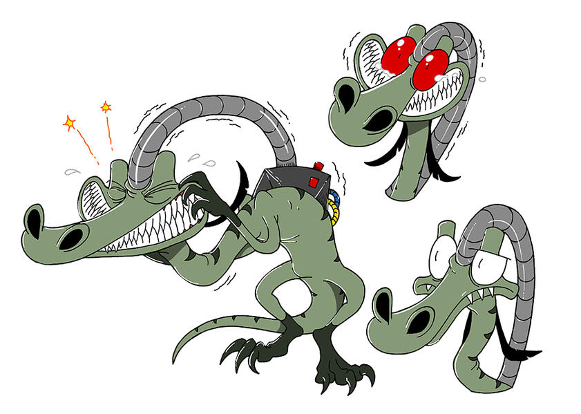 Dusky with his constantly pain and red eyes and another drawing of he outside School, with no smile and normal white eyes.