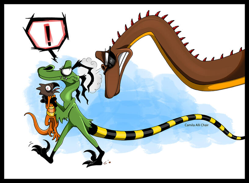 Concept of Fercus interaction with GranDocus and a herbivorous minion of Stox.