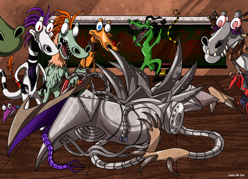 The classmates and Fercus looking at the fallen Great Eagle teacher. Episode &quot;In The Darkness of the Day&quot;.