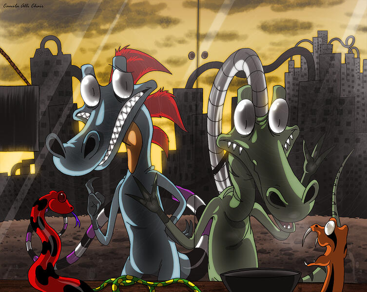 Fercus and his friend Dusky, looking at some reptiles in the pet shop, for &quot;Sadistic Luck&quot; episode.