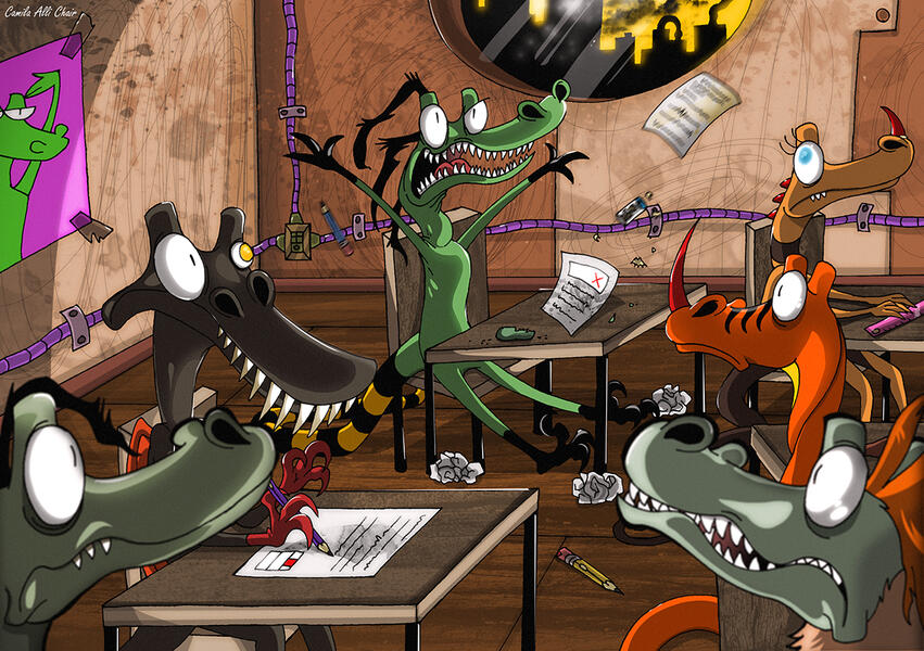 Fercus in classroom with his classmates, concept for &quot;The Surprise Comes Under&quot;.
